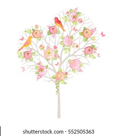 Beautiful gentle tree in the form of heart with little birds, flowers Ranunculus and butterflies. Vector illustration for wedding day and Valentine's. Love floral symbol.