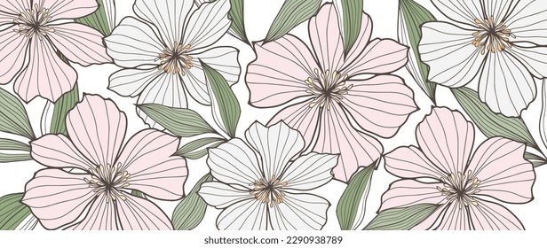 Beautiful gentle vector floral background with white and pale pink flowers and green leaves. Background for postcards, covers, invitations, decor.