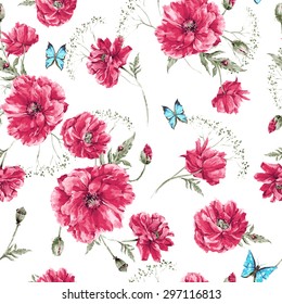 Beautiful gentle watercolor vintage summer seamless pattern with red poppies, blue butterflies and ladybird on white background, watercolor vector illustration