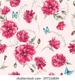 Beautiful gentle watercolor vintage summer seamless pattern with red poppies, blue butterflies and ladybird on rose background, watercolor vector illustration