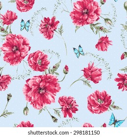 Beautiful gentle watercolor vintage summer seamless pattern with red poppies, blue butterflies and ladybird on blue background, vector illustration