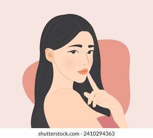 Una joven hermosa y gentil con buena salud y piel radiante. Ilustración vectorial.