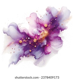 Beautiful gently violet watercolor splash pattern with Gold glitter, stars. Watercolor splatter romantic background. Trendy textured hand drawn vector illustration.  Isolated design on white. Element.