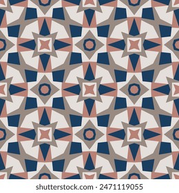 Beautiful geometric art seamless pattern in soft colors. Overlapping art forms, stripes, polygons, segments are grouped and arranged in a certain order. Vector. 