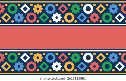 Beautiful geometric background. Figures of different shapes. Tribal form. Flowers. Geometric design. Creative textures. Colorful art. Modern graphic poster. Retro color. Vector illustration