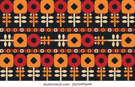 Beautiful geometric background. Figures of different shapes. Tribal form. Flowers. Geometric design. Creative textures. Colorful art. Modern graphic poster. Retro color. Vector illustration