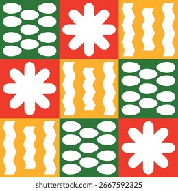Beautiful geometric background. Figures of different shapes. Tribal form. Flowers. Geometric design. Creative textures. Colorful art. Modern graphic poster. Retro color. Vector illustration