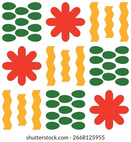 Schöner geometrischer Hintergrund. Figuren verschiedener Formen. Stammesform. Blumen. Geometrisches Design. Kreative Texturen. Bunte Kunst. Modernes grafisches Poster. Retro-Farbe. Vektorgrafik