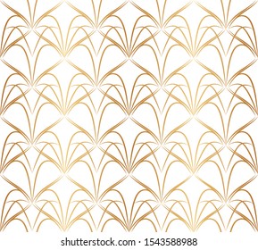 Beautiful geometric background. Graphic backdrop. Elegant fishnet with golden lines flower. Art deco gold lattice. Thin fan tiles seamless pattern. Modern stylish texture.  Exquisite subtle wallpaper