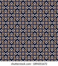 beautiful geometric dark seamless pattern. overlapping brown, beige, gray rhombuses, circles, stripes are grouped and lined up in a specific order on a black background. vector