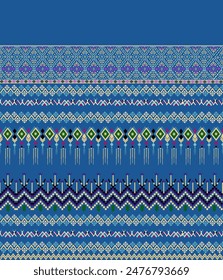 Beautiful geometric ethnic oriental pattern traditional on blue background.Aztec style,embroidery,abstract,vector,illustration.design for texture,fabric,clothing,wrapping,decoration,carpet,print.