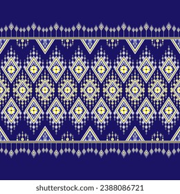 Beautiful geometric fabric pattern, abstract digital textile ethnic motive floral traditional style on blue background designed for garment, clothing, textile, pillowcase, cloth bag,carpet,silk,scarft