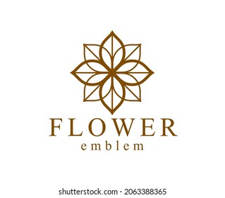 Hermoso diseño lineal vectorial con logotipo de flor geométrica aislado en blanco, emblema o símbolo de línea de geometría sagrada, flor floral floreciente hotel o boutique o lotipo de joyería.
