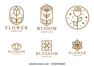 Hermosos logotipos de flores geométricas conjunto de diseños lineales vectoriales, colección de símbolos o emblemas sagrados de líneas geométricas, florido hotel o boutique o lotipos de joyería.