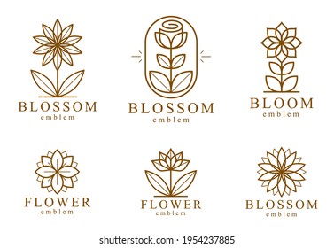 Hermosos logotipos de flores geométricas conjunto de diseños lineales vectoriales, colección de símbolos o emblemas sagrados de líneas geométricas, florido hotel o boutique o lotipos de joyería.