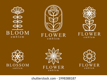 Hermosos logotipos de flores geométricas conjunto de diseños lineales vectoriales, colección de símbolos o emblemas sagrados de líneas geométricas, florido hotel o boutique o lotipos de joyería.