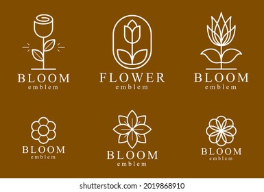 Beautiful geometric flower logos vector linear designs set, sacred geometry line drawing emblems or symbols collection, blossoming flower hotel or boutique or jewelry logotypes.