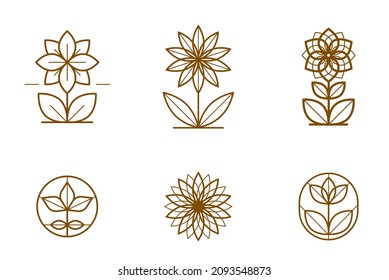 Hermosos logotipos de flores geométricas conjunto de diseños lineales vectoriales, colección de símbolos o emblemas sagrados de líneas geométricas, florido hotel o boutique o lotipos de joyería.