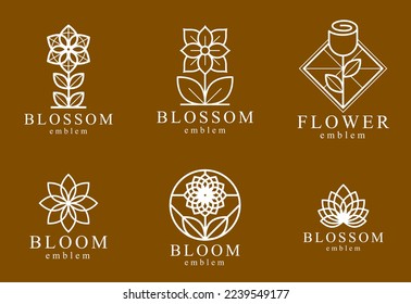 Beautiful geometric flower logos vector linear designs set, sacred geometry line drawing emblems or symbols collection, blossoming flower hotel or boutique or jewelry logotypes.