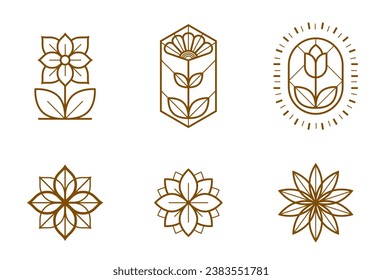 Beautiful geometric flower logos vector linear designs set, sacred geometry line drawing emblems or symbols collection, blossoming flower hotel or boutique or jewelry logotypes.