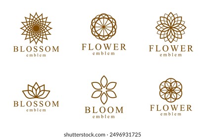 Hermosos logotipos de flores geométricas Conjunto de diseños lineales de Vector, emblemas o símbolos de dibujo de líneas de geometría sagrada colección, hotel de flores en flor o boutique o logotipos de joyas.