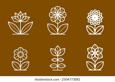 Beautiful geometric flower logos vector linear designs set, sacred geometry line drawing emblems or symbols collection, blossoming flower hotel or boutique or jewelry logotypes.