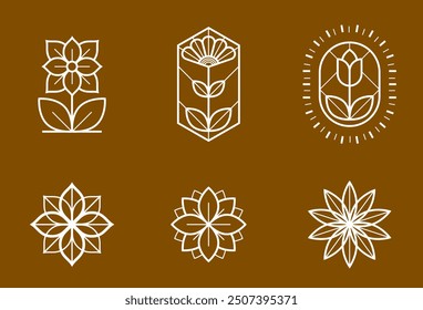 Beautiful geometric flower logos vector linear designs set, sacred geometry line drawing emblems or symbols collection, blossoming flower hotel or boutique or jewelry logotypes.