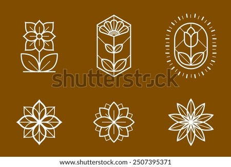 Beautiful geometric flower logos vector linear designs set, sacred geometry line drawing emblems or symbols collection, blossoming flower hotel or boutique or jewelry logotypes.