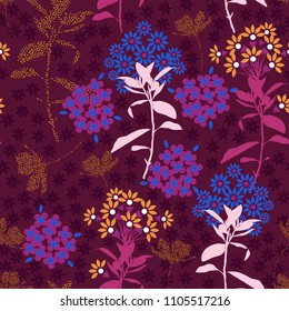 Beautiful geometric flower mix with garden leaf in the dark ,colorful mood for fashion fabric,wallpaper and all prints on dark purple background.