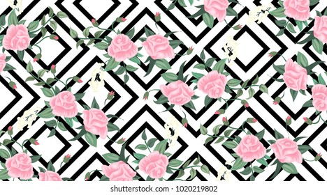 Beautiful geometric flowers roses pattern background