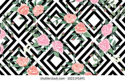 Beautiful geometric flowers roses pattern background