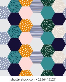 Beautiful Geometric pattern. Abstract Pentagon background with hand drawn line stripe and polka dot Vector illustration.design for fashion , fabric,and all prints 