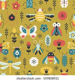 Beautiful geometric pattern with bugs and insects. Colorful seamless texture for your design made in vector.