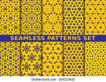 Beautiful geometric seamless patterns set. Ten colorful prints with Swatch.