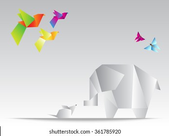 Beautiful geometric triangles elephant with mouse, butterfly and colorful birds