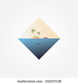 Beautiful geometric triangular symbol with desert palm tree island with fisherman and orca whales under the ocean. Contemporary minimalistic design