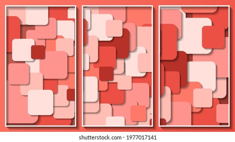 beautiful geometric triptych in coral tones with 3D effect. overlapping squares of different sizes with rounded corners. three art images in white frames. vector 