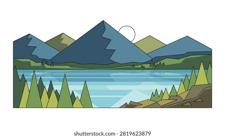 Beautiful geometric vector landscape of a pristine blue lake reflecting majestic mountains and a green pine forest.