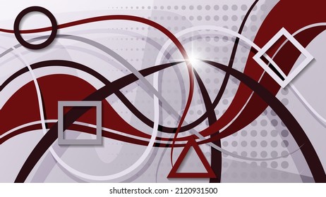 Beautiful geometric wallpaper with 3D effect. Simple contours against the background of overlapping wavy stripes, abstract shapes, an array of circles, flashes of light. Vector. 