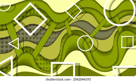 beautiful geometric wallpaper. varying size white outlines against a background of overlapping green-yellow textured wavy shapes and stripes. memphis style. vector 
