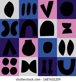 Beautiful geometrical pattern with stylized shapes. Abstract seamless vector texture with colored squares and hand drawn figures. Color block background.