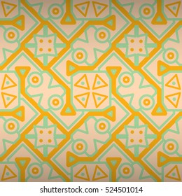 Beautiful geometrical seamless pattern background in labyrinth style. Vivid, symmetrical design for ads, surface, curtain or other purpose. Retro texture. Plain tessellated repeatable backdrop.