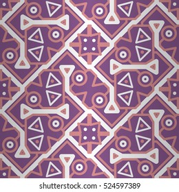Beautiful geometrical seamless pattern background in primitive style. Colorful, symmetric design for banner, web, curtain or other purpose. Plain medley repeatable backdrop. Classic tracery.