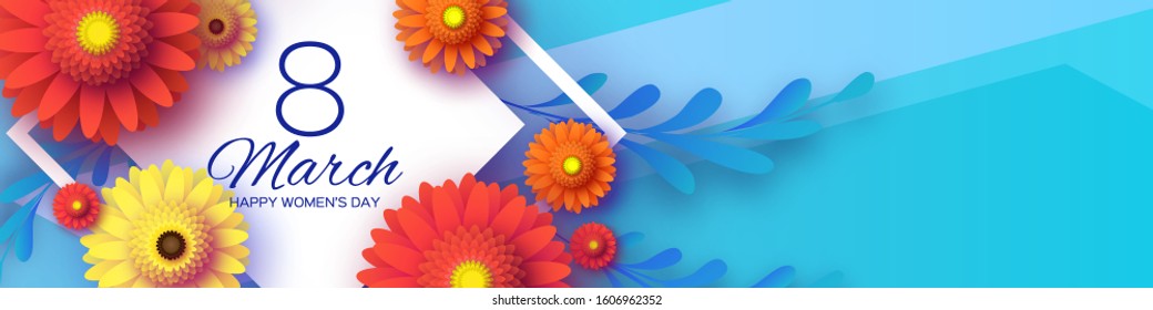 Beautiful Gerbera Flowers Banner. Origami layered Floral bouquet. Happy Womens Day, Mothers Day or Birthday. 8 March. Spring. Paper cut style. Yellow,orange,red floral blossom. Rhombus frame for Text