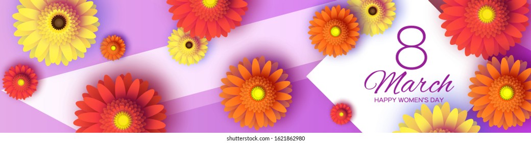Beautiful Gerbera Flowers Banner. Origami Floral bouquet. Happy Womens Day, Mothers Day, Birthday. 8 March. Spring. Paper cut style. Yellow,orange,red floral blossom. Rhombus frame for Text on pink.