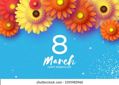 Beautiful Gerbera Flowers. Origami layered Floral bouquet. Happy Womens Day, Mothers Day or Birthday. 8 March. Spring. Paper cut style. Yellow,orange,red floral blossom. Text on blue.