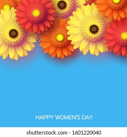 Beautiful Gerbera Flowers. Origami layered Floral bouquet. Happy Womens Day, Mothers Day or Birthday. 8 March. Spring. Paper cut style. Yellow,orange,red floral blossom. Text on blue.