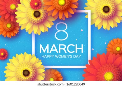 Beautiful Gerbera Flowers. Origami layered Floral bouquet. Happy Womens Day, Mothers Day or Birthday. 8 March. Spring. Paper cut style. Yellow,orange,red floral blossom. Square frame for Text on blue.