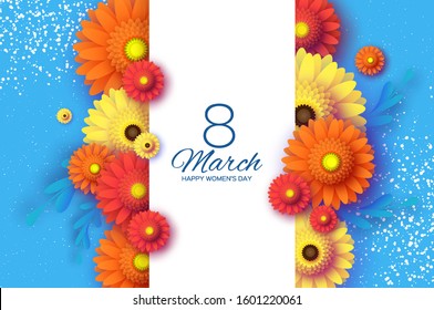 Beautiful Gerbera Flowers. Origami layered Floral bouquet. Happy Womens Day, Mothers Day or Birthday. 8 March. Spring. Paper cut style. Yellow,orange,red floral blossom. Rectangle frame on blue.