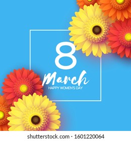 Beautiful Gerbera Flowers. Origami layered Floral bouquet. Happy Womens Day, Mothers Day or Birthday. 8 March. Spring. Paper cut style. Yellow,orange,red floral blossom. Text on blue.